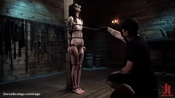 Bound in metal device laid on the wooden floor tattooed slave Lydia Black gets vibrated and face fucked with dildo then in pile driver pussy fucked by master The Pope Tiub baharu baharu