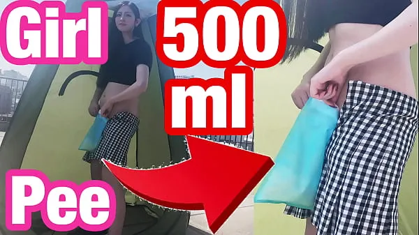 New Girl's outdoor handjob & pee standing with 500ml portable toilet - Japanese pissing, amateur,slender fresh Tube