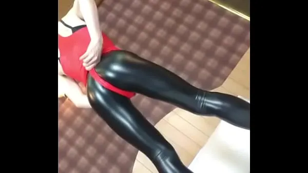 新しいno porn] Shiny Red Leotard and PU Leggings Sissy image clip ( dejavu新鮮なチューブ